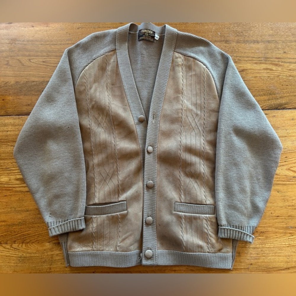 Vintage Tundra Suede Front Wool Knit Cardigan Sweater XL